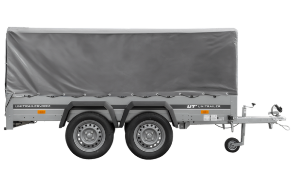 KIPP UNITRAILER 264/2 Doppelachsanhänger mit Stützrad, Überrollbügel und grauer Plane